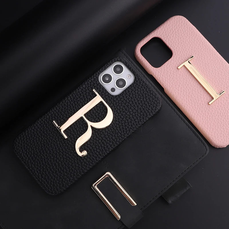 Luxury Personalise Custom Initials Name A-Z Phone Case For iPhone16 15 14ProMax Plus 13Promax  Pebble Leather Metal Letter Funda