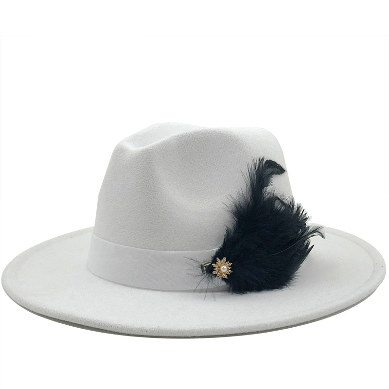 NEW white Wool Women feather Fedora Hat For Winter Autumn ElegantLady Floppy Cloche Wide Brim men Jazz Caps