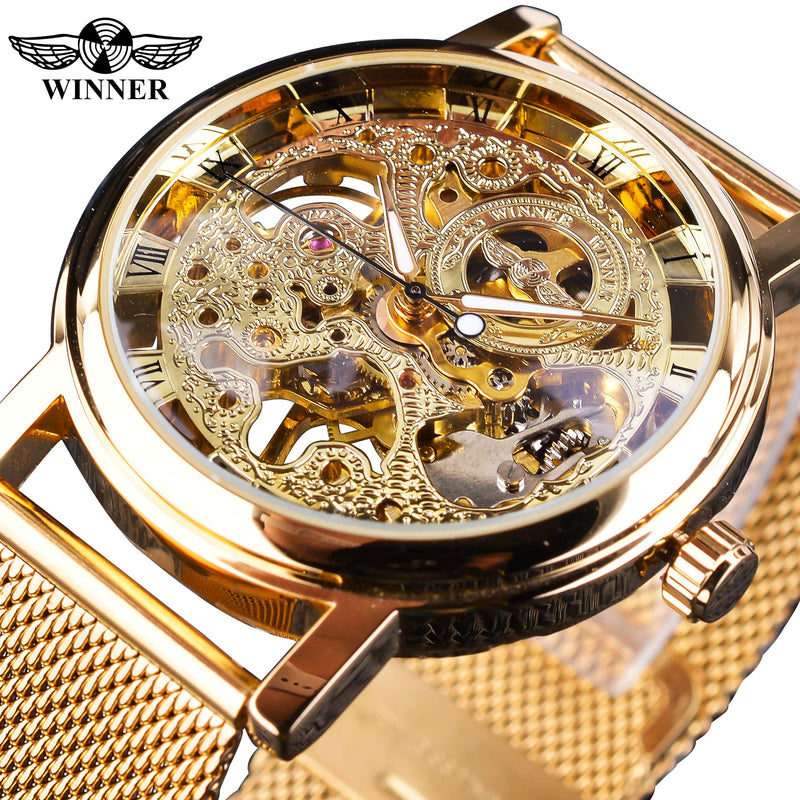 Winner Transparent Golden Case Luxury Casual Design Brown Leather Strap Mens Watches Top Brand Luxury Mechanical Skeleton Watch