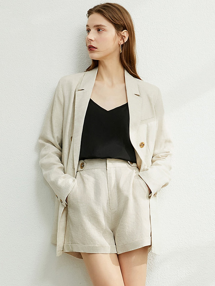 AMII Minimalism Autumn Women Solid Lapel Double Breasted Suit Coat High Waist Solid Pant Solid Short 12040051