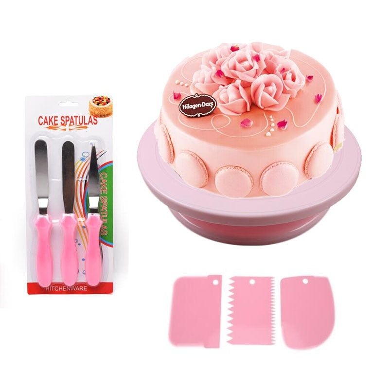 Pink Cake Decorating Turntable With Icing Smoother Pastry Spatula Cream Bag Baking Accessories Set