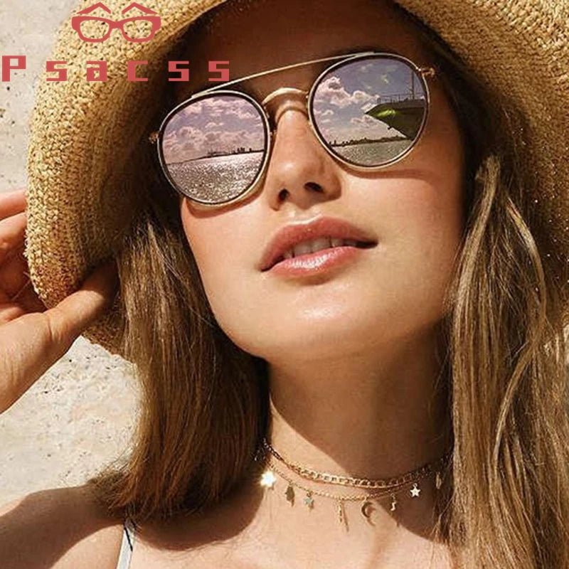Psacss Sunglasses Women/Men 2019 Vintage Round Sun Glasses Double Beam Brand Designer Mirrored lentes de sol hombre/mujer UV400