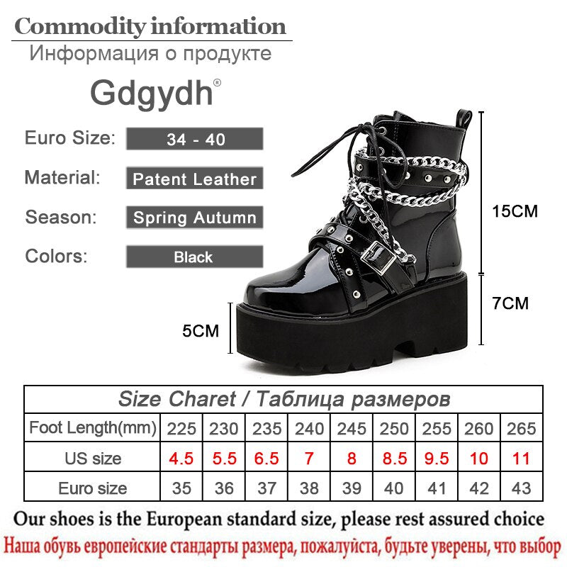 Gdgydh Autumn Winter Boots Women Sexy Chain Boots Ankle Buckle Strap Ankle Boots Square Heel Thick Sole Platform Rock Punk Style