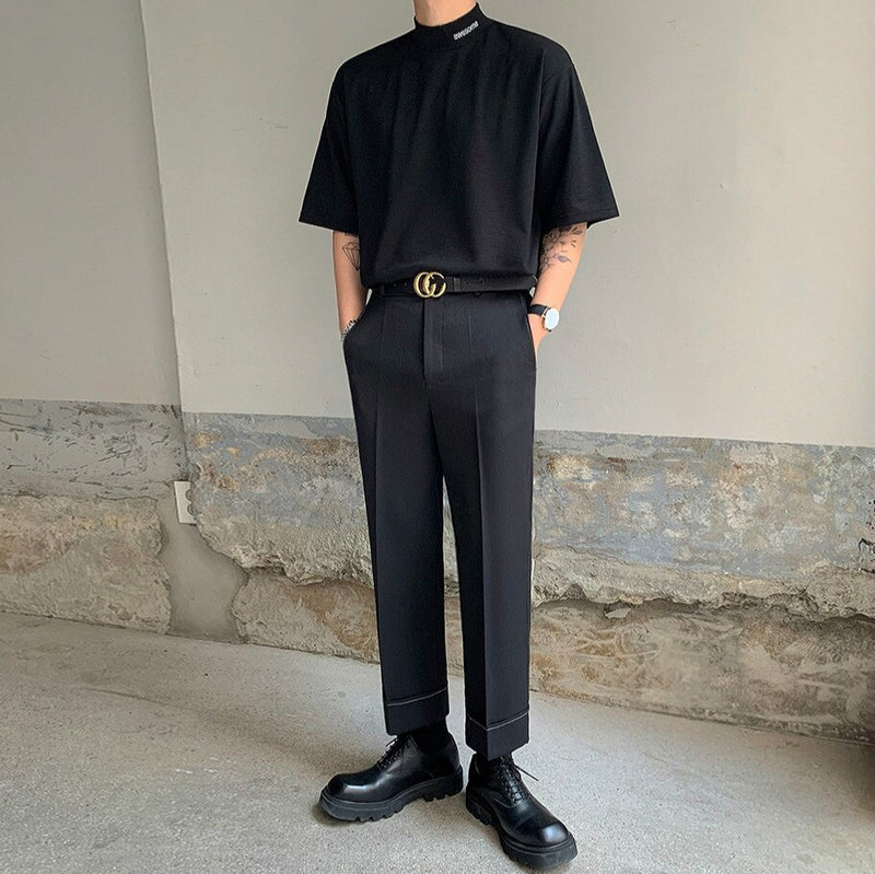 Letter Embroidered Black T-shirt Men Korean Loose Half Turtleneck Tees Boy 2022