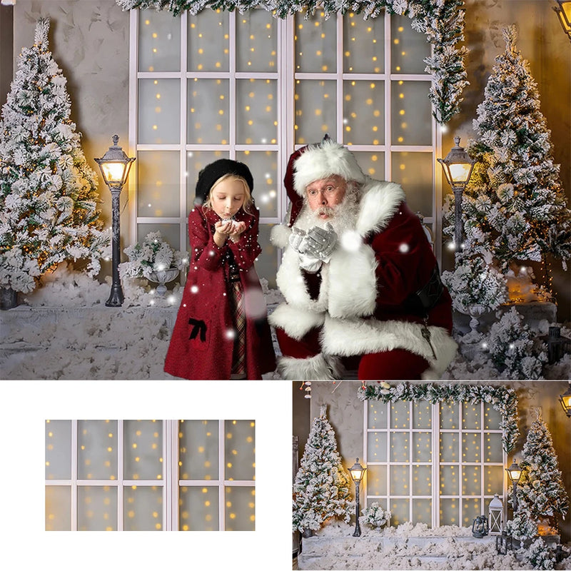 Christmas Backdrop Warm Street Light Decorative window White Snowfield Christmas tree Photography Background For Photo Studio