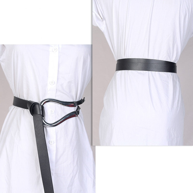 Newest fashion soft faux leather belts personality big alloy buckle thin double layer waistbands shirt knotted belt long straps