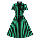 Tonval Fliege Hals Grün Gestreiftes Vintage Kleid Durchgeknöpft Elegante Kleider für Damen Baumwolle Retro Kleidung Taschen Sommerkleid