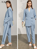 Amii-abrigo minimalista de manga larga para mujer, pantalones de traje informales con solapa sólida y cinturón, novedad de primavera, 12140246