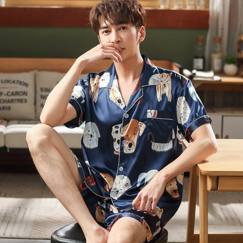 Thoshine Brand Spring Summer Autumn Men Satin Silk Pajamas Sets of T-shirt & Shorts Print Male Pijama Sleepwear Buttons Closure