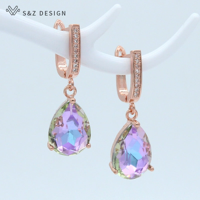 S&amp;Z DESIGN Korean Fashion Luxury Water Drop Crystal 585 Rose Gold Dangle Earrings For Women Wedding Engagement Elegant Jewelry