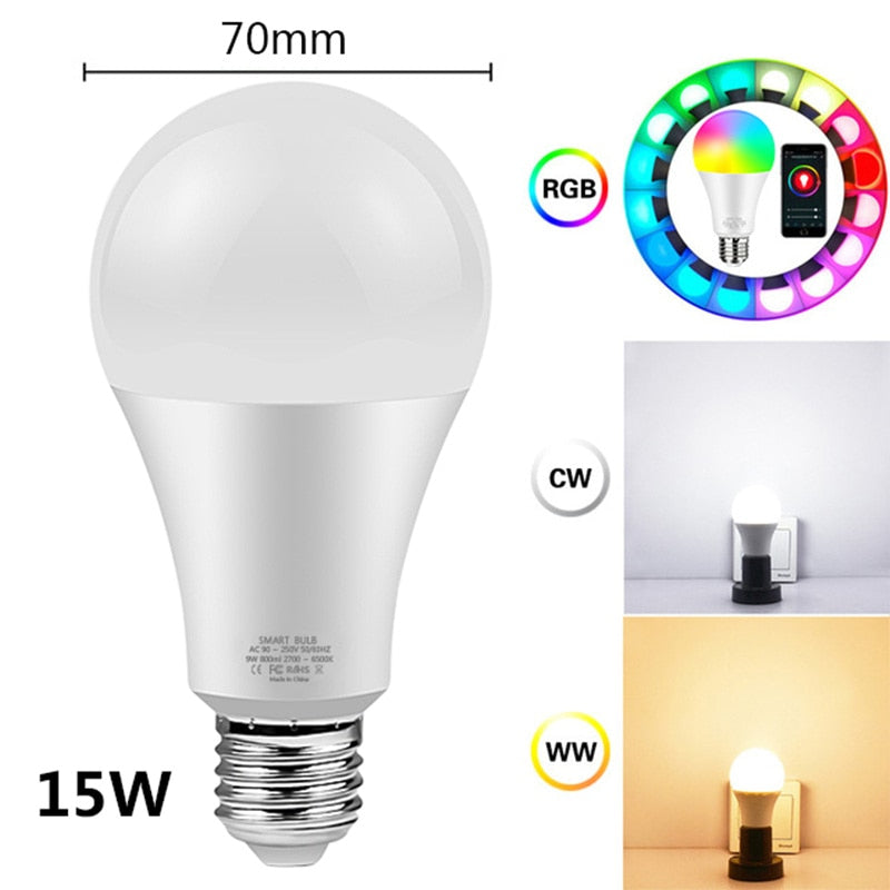 Smart LED Light Bulb 12W 15W Wifi RGB Lamp E27 Color Dimmable Led Bulb Work With Tuya Smart Life APP Voice Control Alexa Google