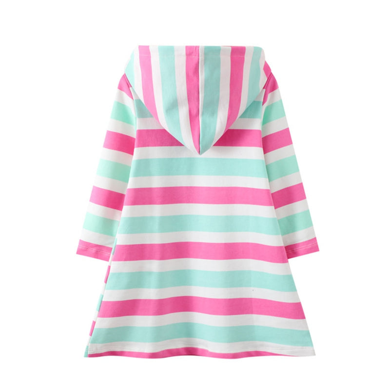 Jumping Meters New Arrival Unicorn Princess Hooded Dress for Autumn Winter Stripe Fashion Children Cotton Clothing Baby