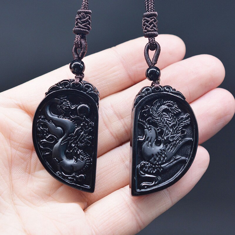 1 Set Obsidian Carving Dragon and Phoenix Necklace Pendant YIN YANG Pendant Necklace Obsidian Lucky Pendants