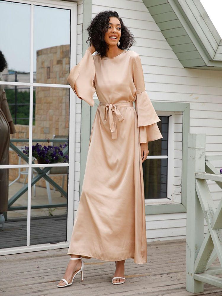 Soft Satin Long Dress Dubai Abaya Women Summer Long Flare Sleeve Belted Hijab Robe Muslim Islam Arab Turkey Clothes Ramadan