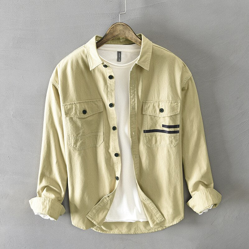 Men Spring Fall Korean Style 100% Cotton Top Quality Shirt Male Casual Loose Long Sleeve Lapel Tops Double Pocket Trendy Outwear