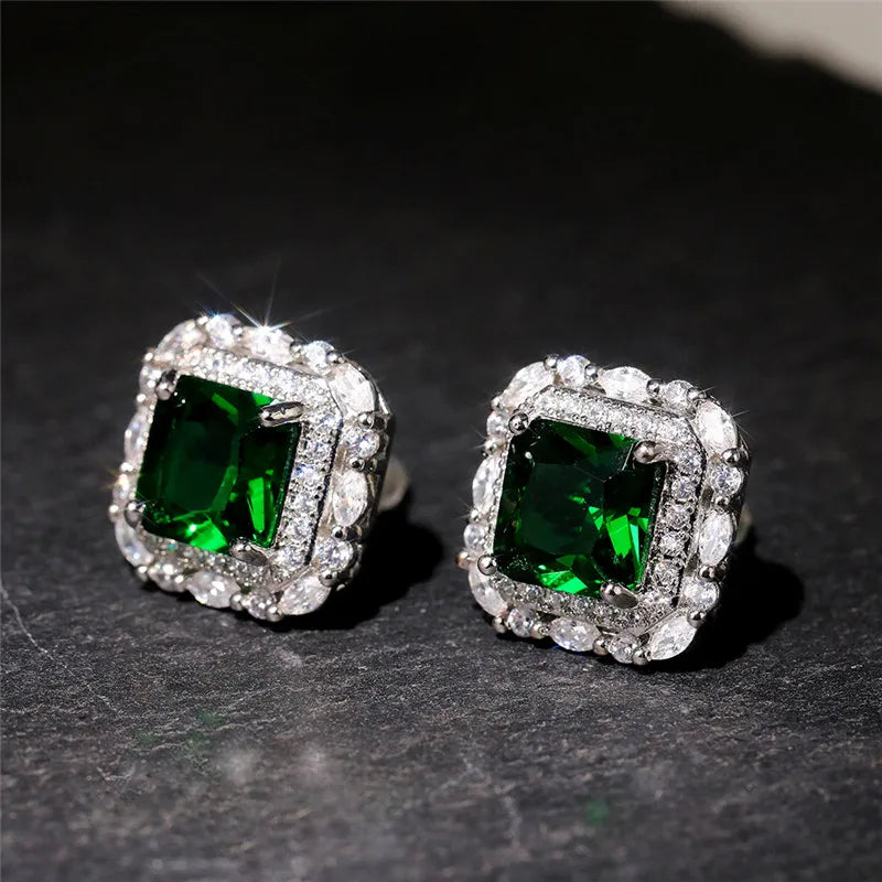 Huitan Vintage Green CZ Stud Earrings for Lady Dance Party Luxury Ear Accessories Anniversary Birthday Gift Women's Jewelry Hot