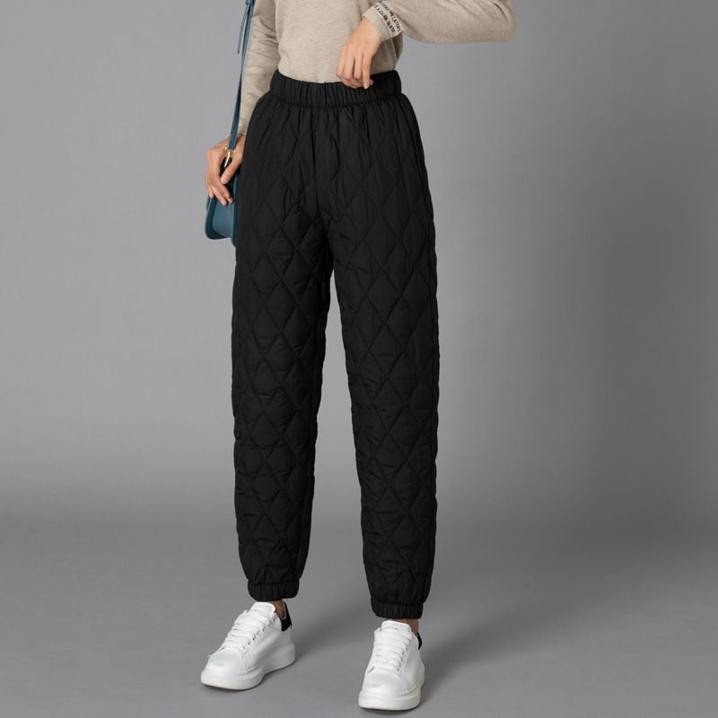 Women Winter Warm Down Cotton Pants Padded Quilted Trousers Elastic Waist Casual Trousers