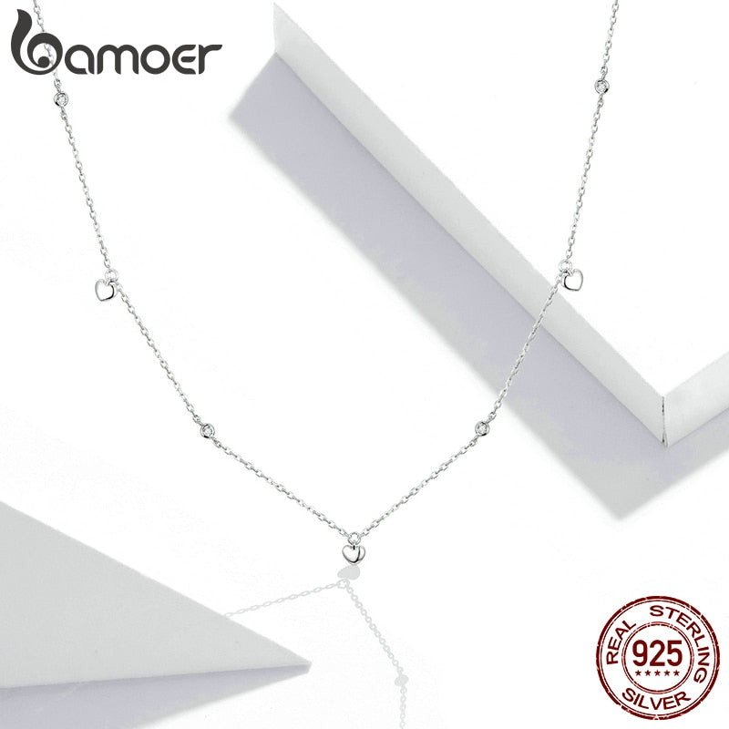 bamoer Sterling Silver 925  Pendant Necklace for Women Chain Plated platinum CZ Simple Heart-shaped Necklace Jewelry SCN417