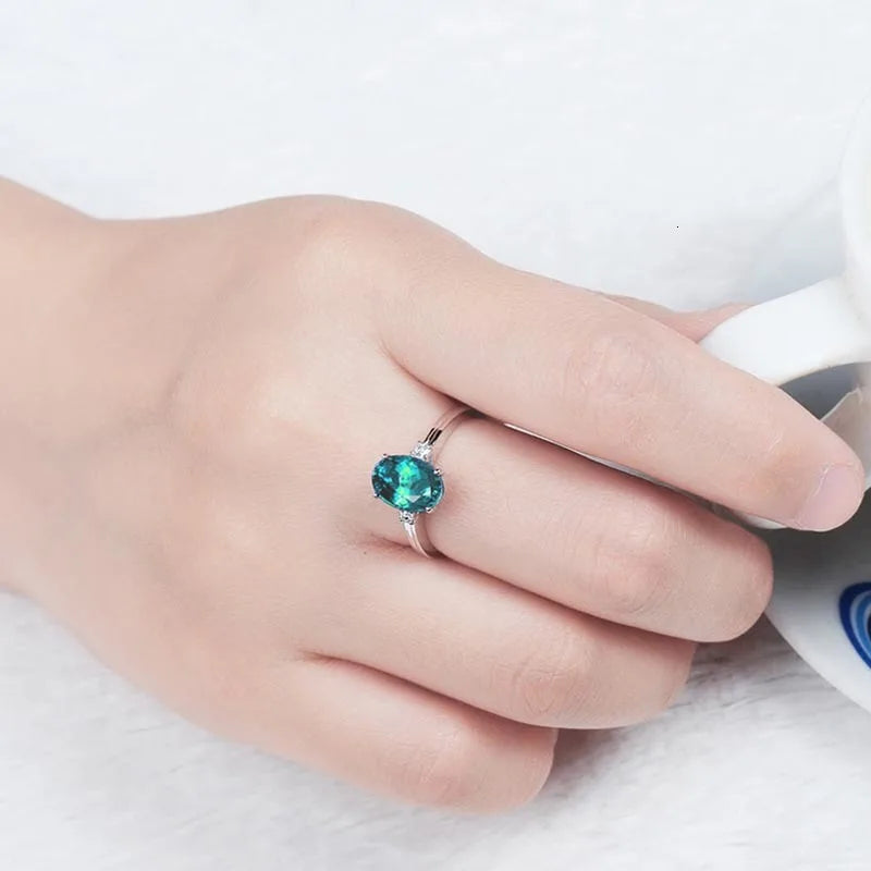 JoiasHome classic Sapphire Silver 925 Ring with oval green/pink/blue gemstone adjust size luxury silver jewelry gift for woman