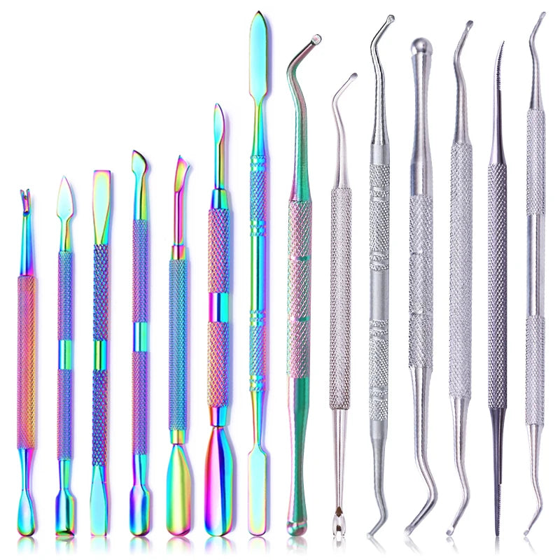 LILYCUTE Dual-ended Nail Cuticle Pusher Colorful Stainless Steel Iridescent Cuticle Dead Skin Remover UV Gel Nail Tools