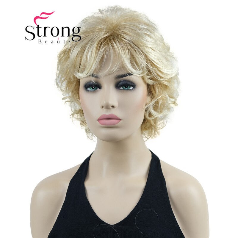 StrongBeauty Short Wig Soft Tousled Curls Blonde Highlights Full Synthetic Wigs COLOUR CHOICES