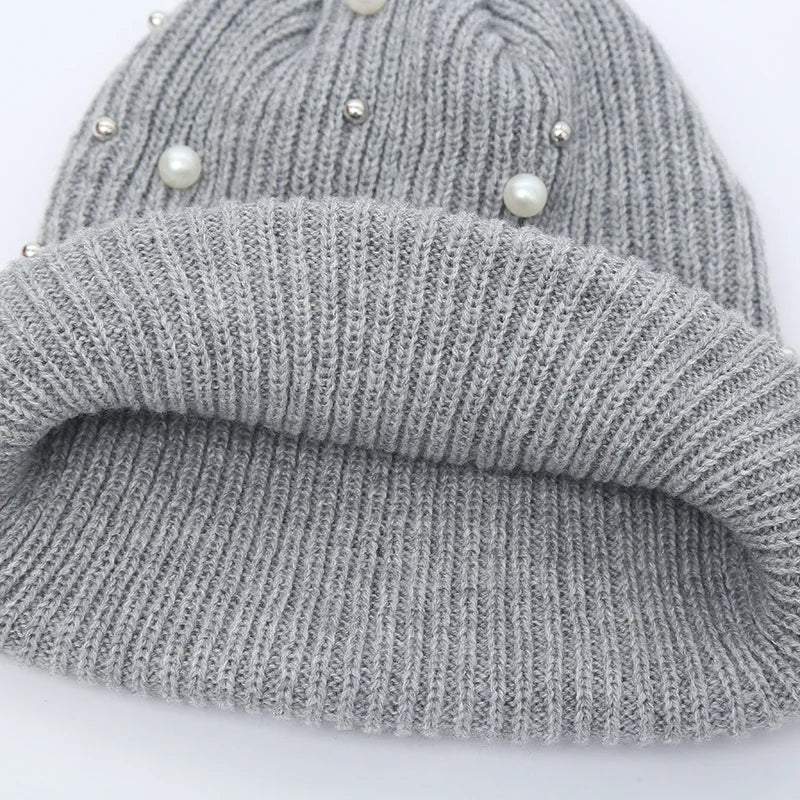 Winter Knitted Beanie Women Fashion Rhinestone Pearls Knitting Hats Ladies Casual Skullies Cap Female Solid Color Casual Bone