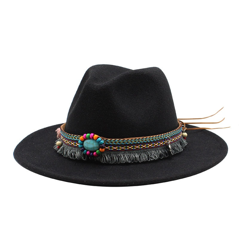 NEW Men Women Wool Felt Jazz Style Fedora Hats Panama Trilby Party Formal Top Hat In BLACK WHITE AND YELLOW with Belt Decor