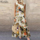ZANZEA Summer Dress Women Bohemian Sleeveless Floral Printed Sundress Robe Vintage Kaftan Beach Vestido Femme Sarafans