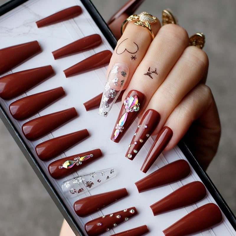 Glossy Coffee Luxury Coffin false nails gel Fake nails Rhinestone Box gift Press on nails Ballet reuse Gold leaf handmade