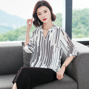 Women's Spring Summer Style Chiffon Blouses Blouses Shirt Women's Striped V-neck Three Quarter Sleeve Casual Loose Tops SP015
