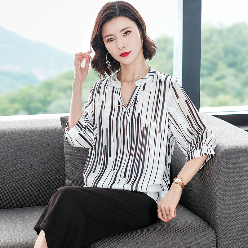 Women&#39;s Spring Summer Style Chiffon Blouses Blouses Shirt Women&#39;s Striped V-neck Three Quarter Sleeve Casual Loose Tops SP015