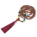 108 Original Rudraksha Beaded Knotted 7 Chakras Mala Necklace Meditation Yoga Prayer Rosary with OM Pendant Tassel Jewelry