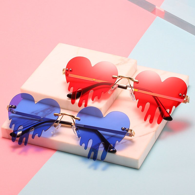 OEC CPO Unique Heart Rimless Sunglasses Women New Fashion Red Blue Tears Shape Sunglasses Female Vintage Steampunk Eyewear UV400