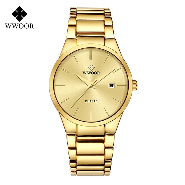 WWOOR Luxury Watch Men Business Sports Mens Quartz Wristwatches Gold Stainless Steel Waterproof Automatic Date Relogio Masculino