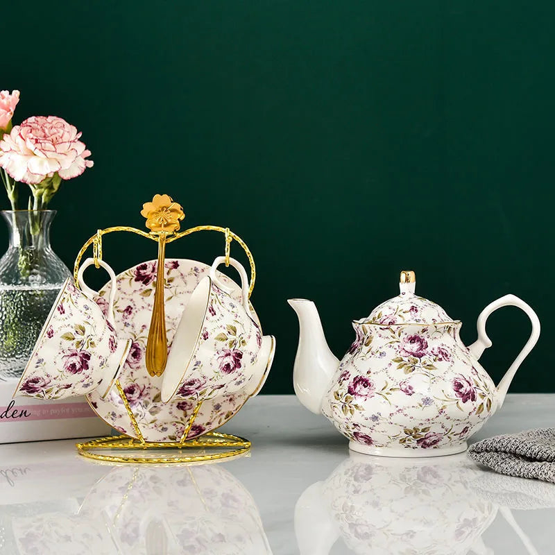 European Bone China Tea Set English Afternoon Tea Cup Set Teapot High-Grade Porcelain Coffee Pot 1 TeaPot 2 Cups and Saucers