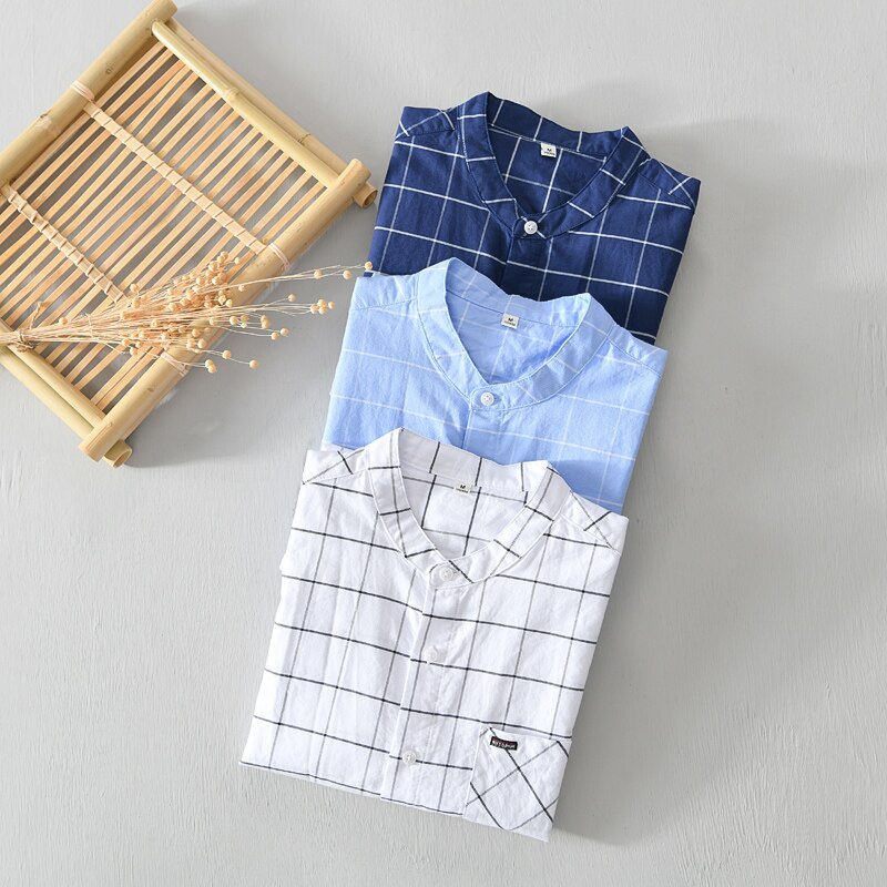 Designer new pure cotton plaid shirt men short-sleeved brand plaid shirts for men casual stand collar top mens chemise camisas