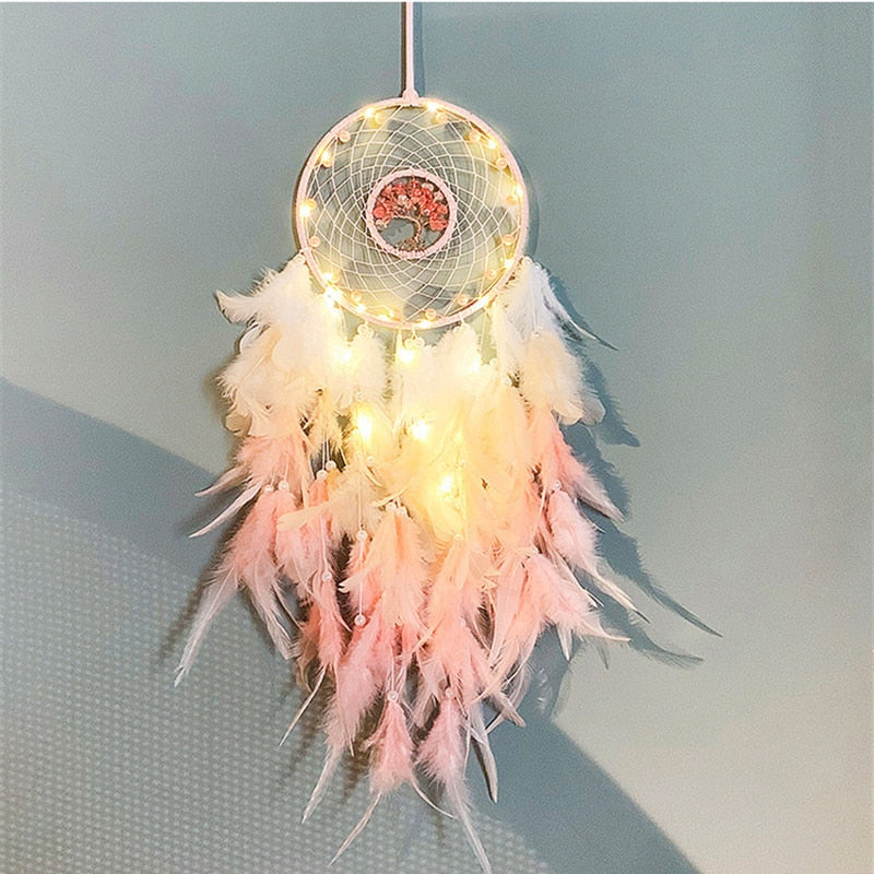 Handmade Weave Dream Catcher With Light Natural Feather Tree of life Dreamcatcher Decor Hanging Pendant Girl Gifts Room Decor