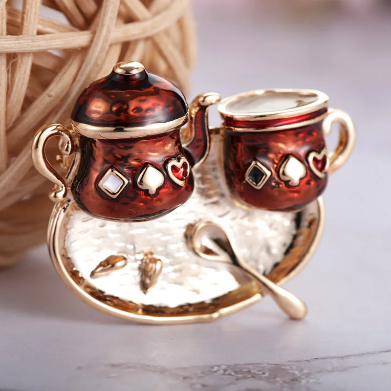 Blucome Enamel Double Teapot Cup Shape Brooches Women Suit Clothing Dress Accessories Hat Cafe Badge Hijab Pin Scarf Buckle Gift