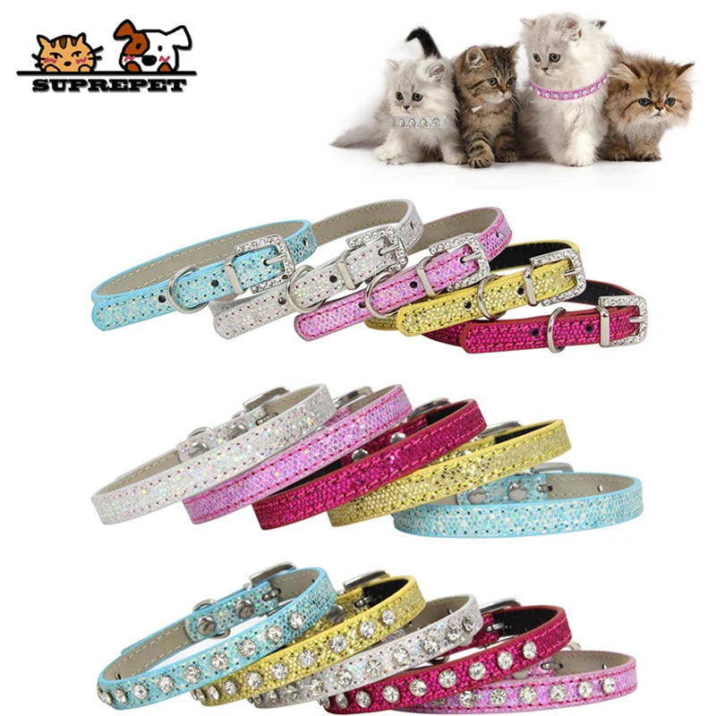 SUPREPET Diamond Rhinestone Shining Dog Cat Collar Pu Leather Collar Puppy Small Cat Collar Dog Cat Accessories for Chihuahua