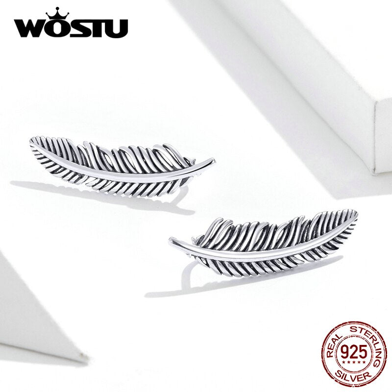 WOSTU Authentic 925 Sterling Silver Vintage Feather Stud Earrings Fashion Small Earrings For Women Wedding Party Jewelry CQE865