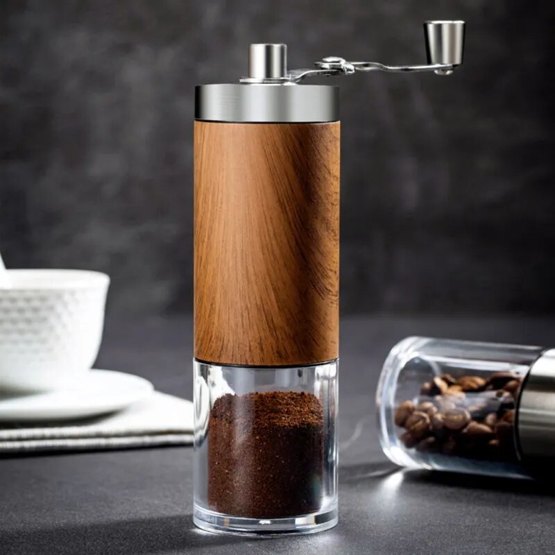 Portable Wood Grain Hand Manual Coffee Grinder Silver Stainless Steel Coffee Bean Burr Mill Hand Crank for Dropship