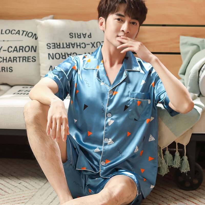 Thoshine Brand Spring Summer Autumn Men Satin Silk Pajamas Sets of T-shirt & Shorts Print Male Pijama Sleepwear Buttons Closure