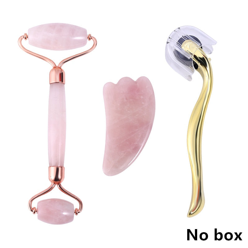 Rose Quartz Roller Massager Tool Natural Stone Facial Massager Jade Roller Microneedle Roller Jade Spatula Skin Care Kit Box