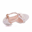 Crystal Queen Women Sandals White Lace Flowers Pearl Tassel 9CM Fine High Heels Slender Bridal Pumps Wedding Shoes