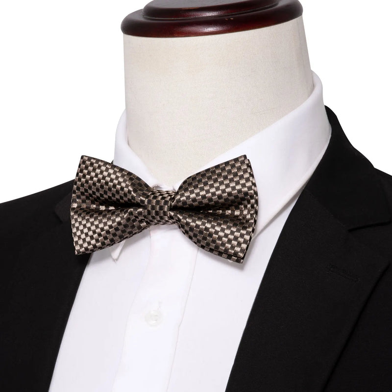 Barry.Wang Mens Brown Bow Tie Plaid Cummerbund Checked Bow Ties Handkerchief Cufflinks Cummerbund Waist Belt for Wedding YF-1024