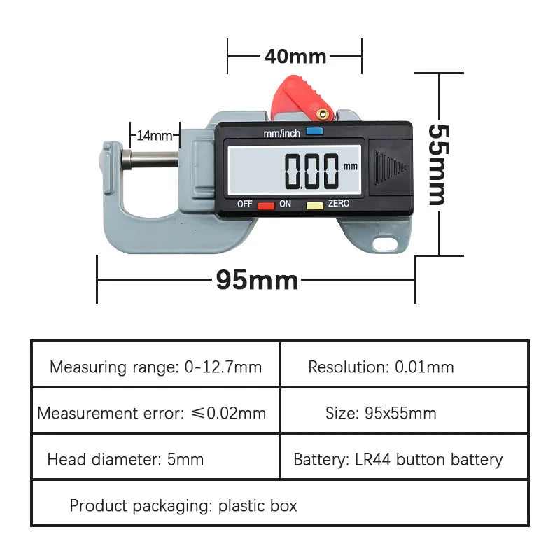 Precise Digital Thickness Gauge Meter Tester Micrometer Lateral Thickness Gauge For Leather Steel Plate Cloth 0-12.7 Mm/0.01mm