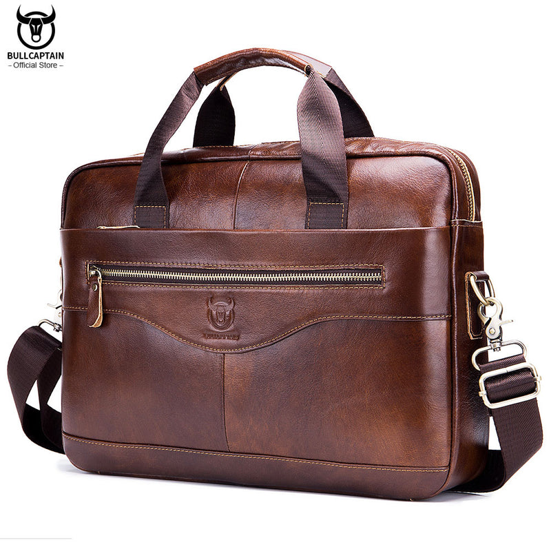 BULLCAPTAIN New Cowhide Men&#39;s Business Briefcase/Leather Retro Men&#39;s Messenger Bag/Large Capacity Leisure Business Bag/Handbag