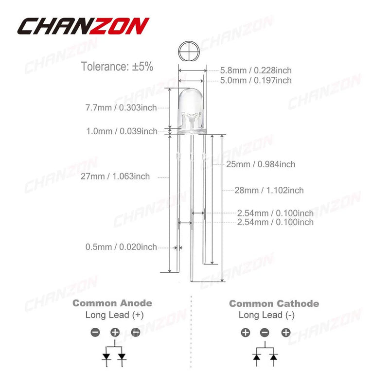 100pcs 5mm LED Light Emitting Diode Lamp Bulb Bicolor Red Green Common Anode Cathode Transparent Diffused Micro Indicator 3V