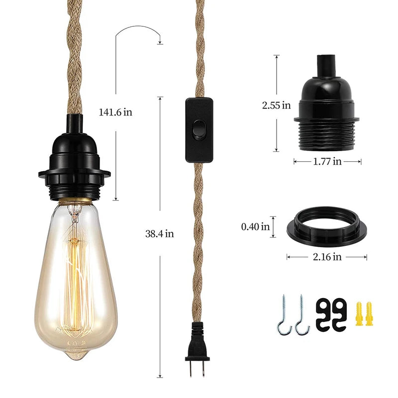 Industrial Vintage Loft Style Hemp Cord Covered Power Cord With EU Plug Switch E27 Bulb Lamp Holder Cord Sets 3 Heads Chandelier