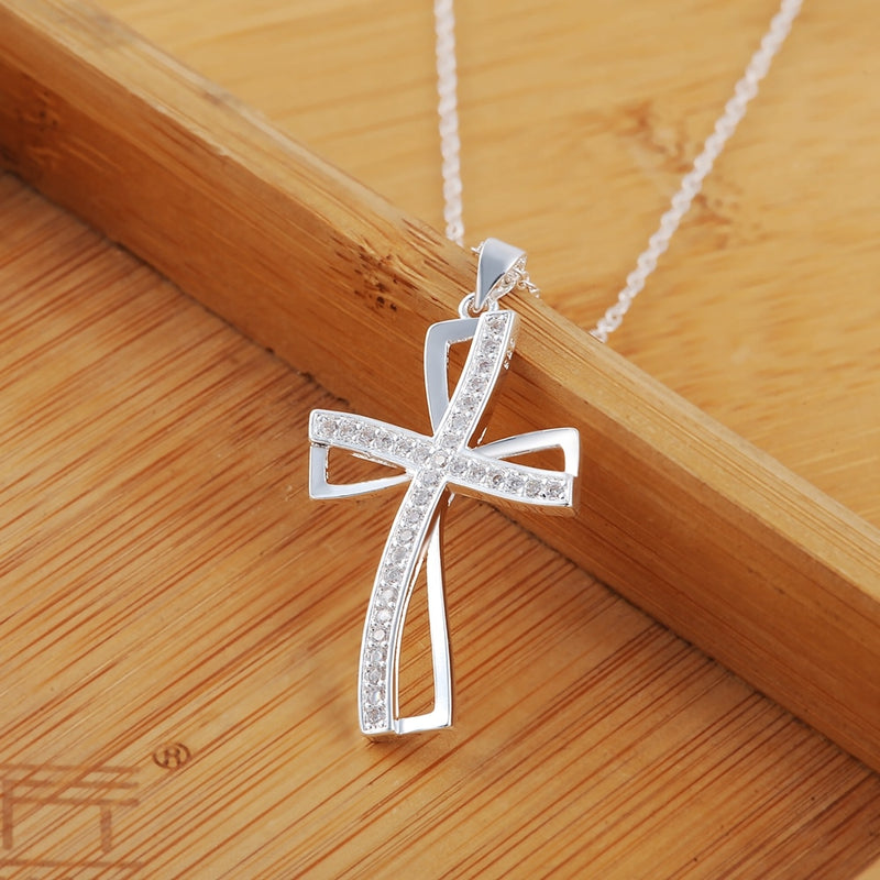 DOTEFFIL 925 Sterling Silver 18 Inches Cross AAA Zircon Pendant Necklace For Women Fashion Wedding Party Charm Jewelry